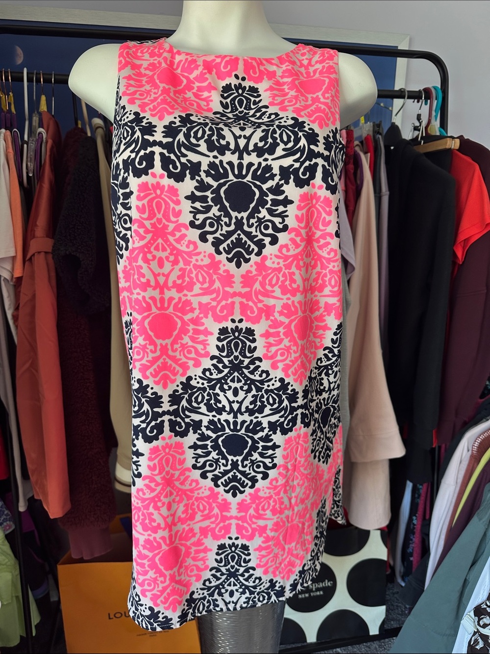 Monteau Neon Pink and Navy Blue Damask Mini Shift Dress